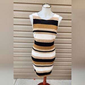 Banana Republic Striped Sleeveless Midi Dress in Black, White & Tan